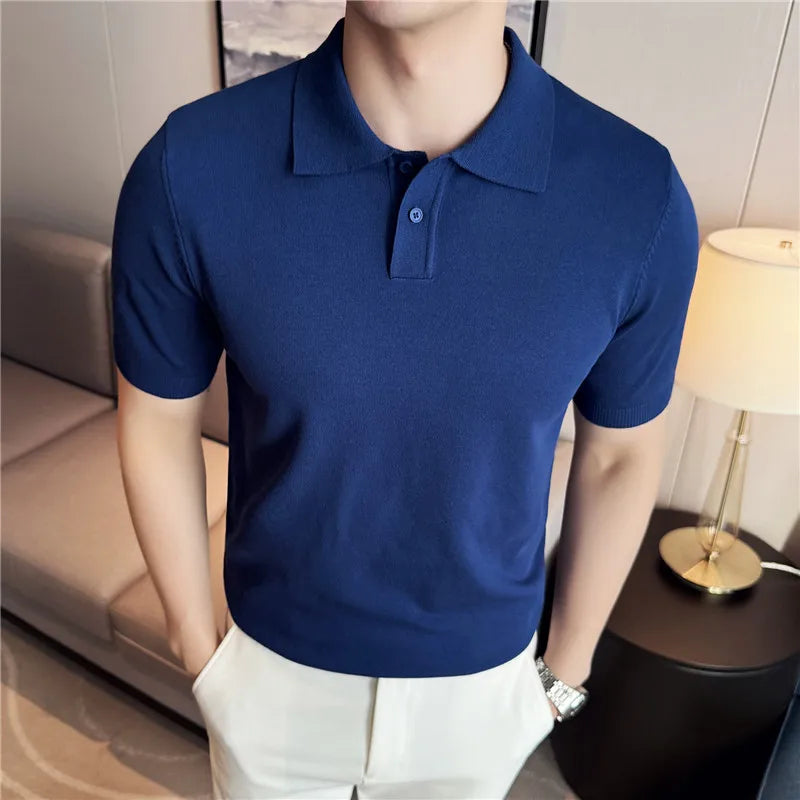Men Knitted Polo Shirts Short Sleeved Summer Ice Silk Light Thin Solid Casual Slim Fit Top T-shirt Streetwear Fashion Clothing