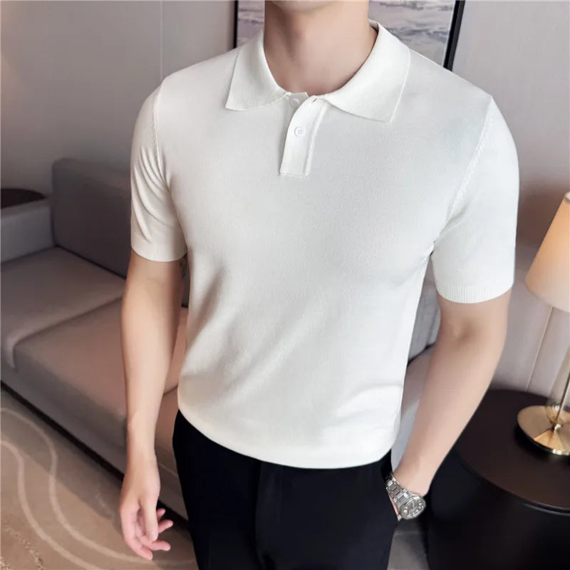 Men Knitted Polo Shirts Short Sleeved Summer Ice Silk Light Thin Solid Casual Slim Fit Top T-shirt Streetwear Fashion Clothing