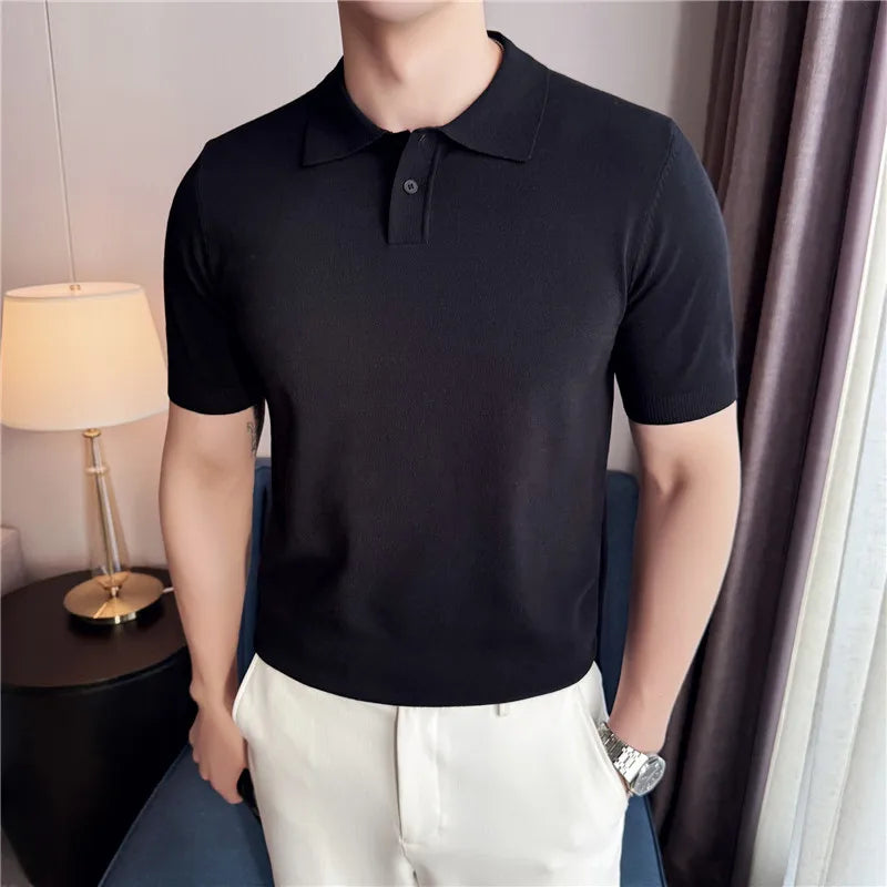 Men Knitted Polo Shirts Short Sleeved Summer Ice Silk Light Thin Solid Casual Slim Fit Top T-shirt Streetwear Fashion Clothing