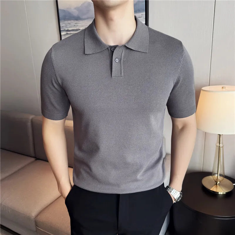 Men Knitted Polo Shirts Short Sleeved Summer Ice Silk Light Thin Solid Casual Slim Fit Top T-shirt Streetwear Fashion Clothing