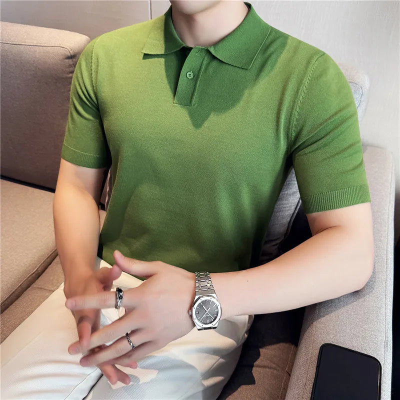 Men Knitted Polo Shirts Short Sleeved Summer Ice Silk Light Thin Solid Casual Slim Fit Top T-shirt Streetwear Fashion Clothing