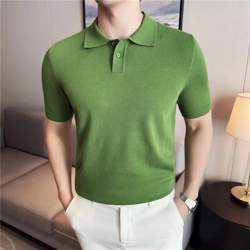Men Knitted Polo Shirts Short Sleeved Summer Ice Silk Light Thin Solid Casual Slim Fit Top T-shirt Streetwear Fashion Clothing