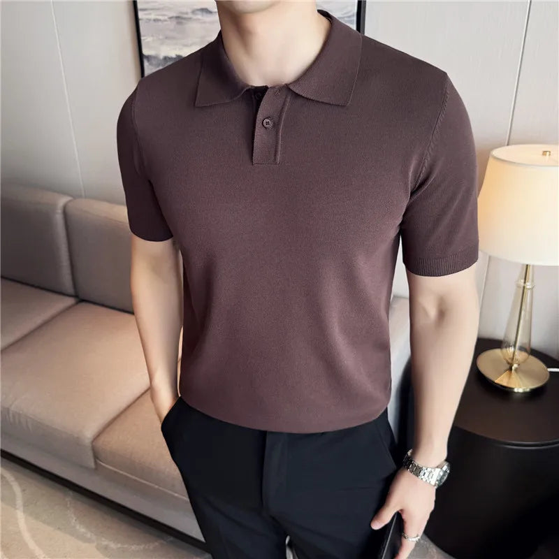 Men Knitted Polo Shirts Short Sleeved Summer Ice Silk Light Thin Solid Casual Slim Fit Top T-shirt Streetwear Fashion Clothing